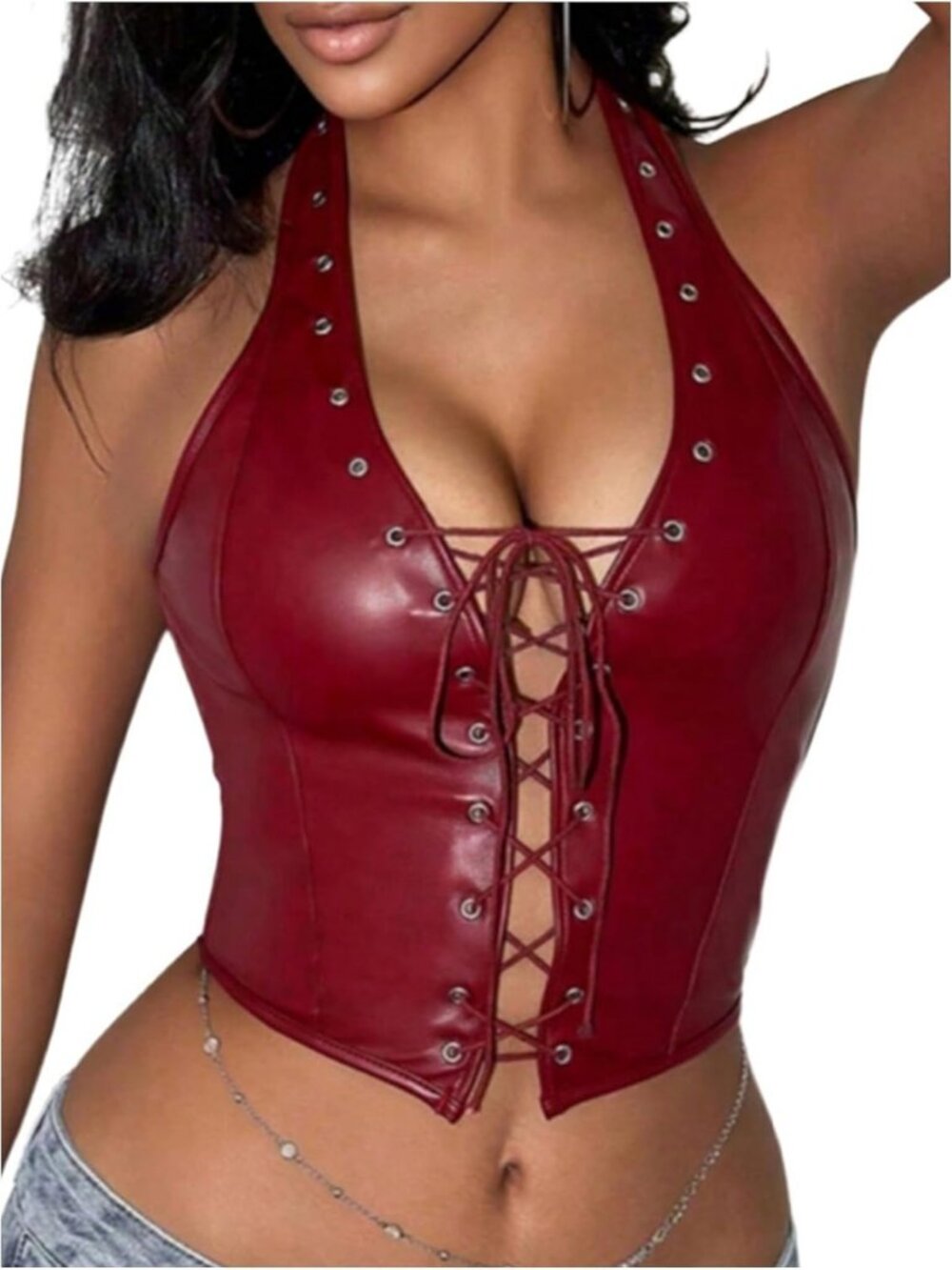 Punk PU Leather Halter Corset Crop Top for Women - Edgy Fashion Statement Piece